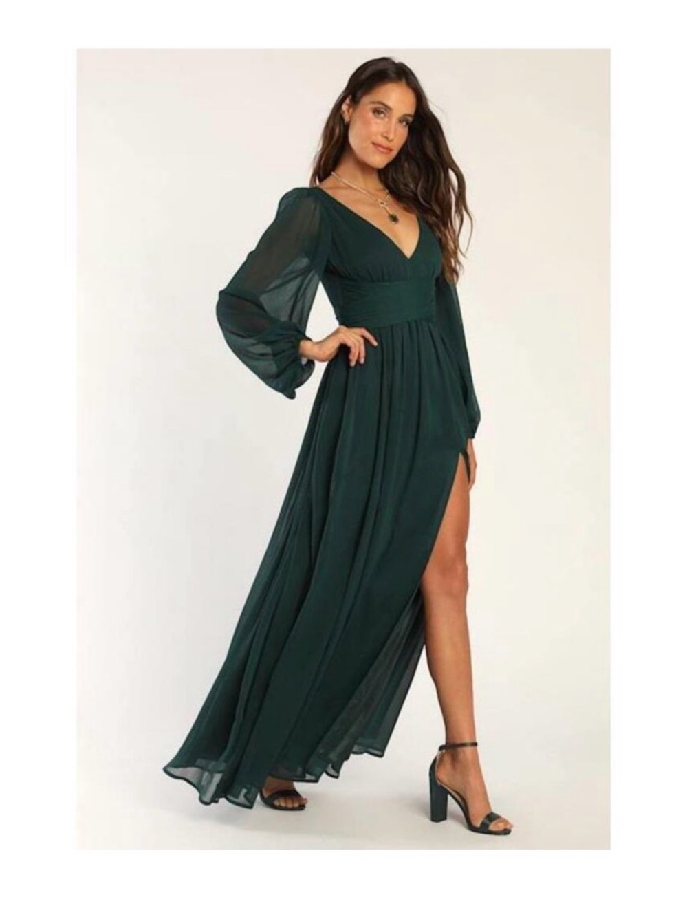 Lulu's Emerald Green Long Sleeve V-Neck Maxi Dress